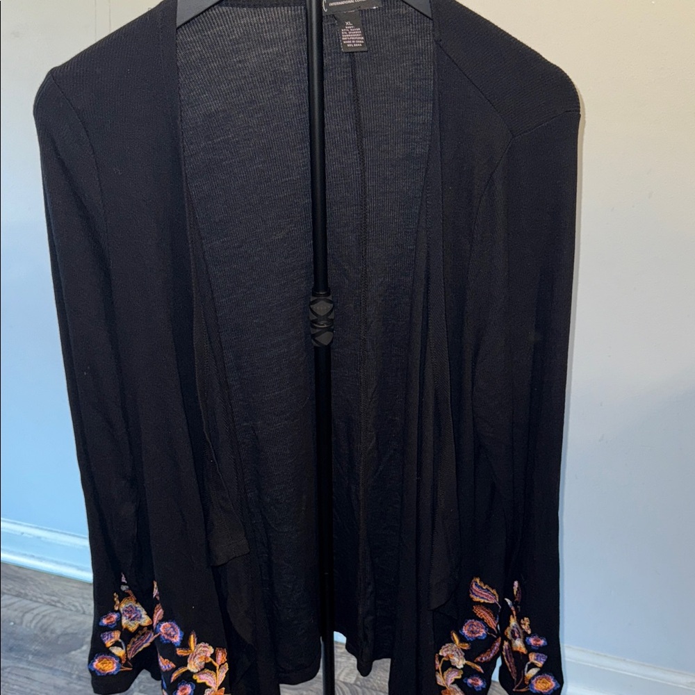 INC International Concepts Black Cardigan with Floral Embroidery